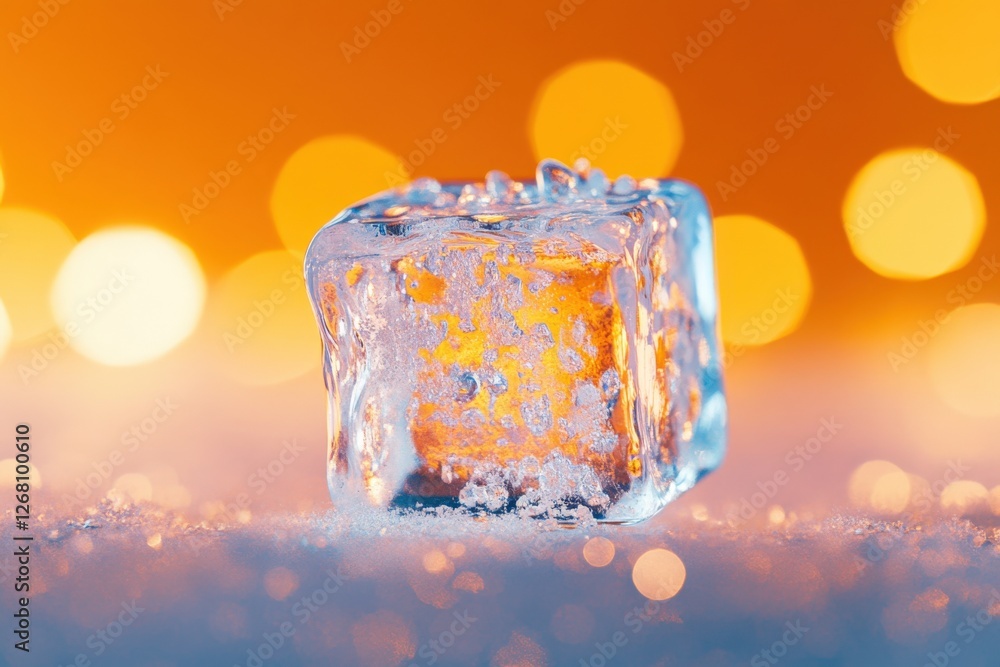 Poster icy cube on a bokeh background