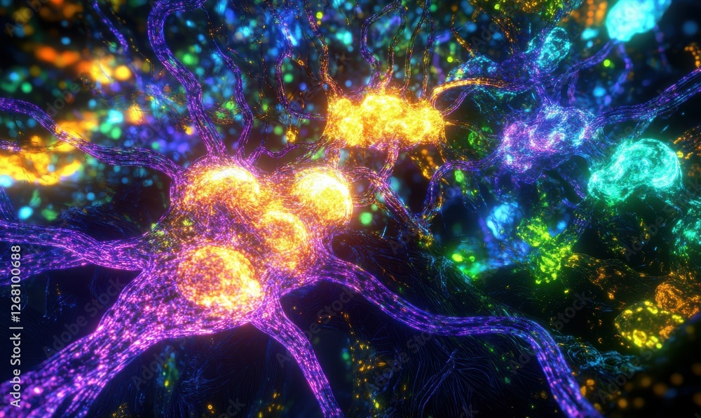 Poster abstract 3d rendering of glowing digital particles forming a complex neural network, vibrant neon hu