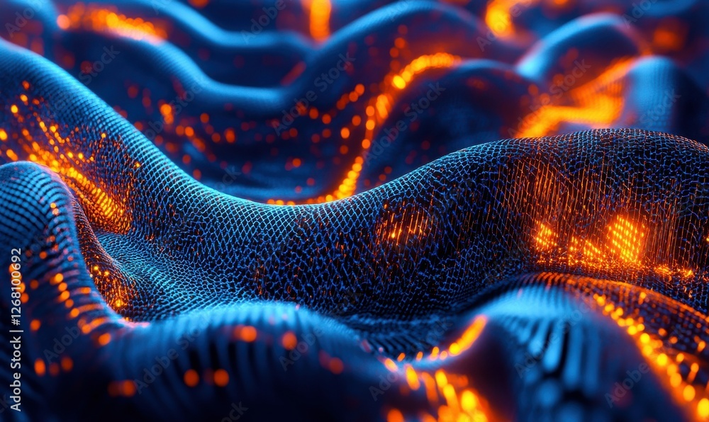 Poster abstract 3d visualization of a glowing data network, vibrant blue and orange lines forming intricate