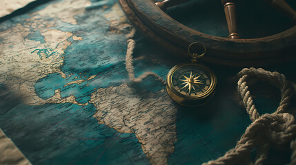 Antique Compass and Map: A vintage compass rests on an antique world map, accompanied by a ship's wheel and nautical rope, evoking a sense of adventure and exploration.