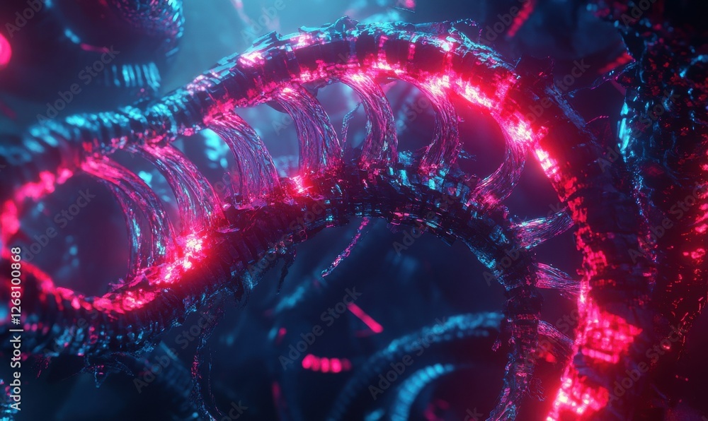 Poster abstract biotech visualization of a glowing dna structure, intricate patterns highlighted by vibrant
