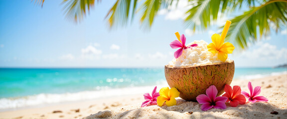 Obraz premium Refreshing tropical drink in coconut shell on beach, vacation bliss