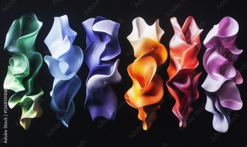 Poster a series of abstract shapes in multiple colors, rendered using 3d technology.