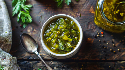A bowl of freshly made pickle relish with chopped cucumbers, spices, and brine, served on a rustic wooden board with fresh herbs and a jar of relish in the background.