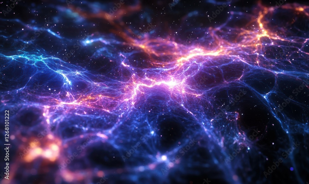 Poster abstract close-up of vibrant particles glowing in a dark background, creating a cosmic effect.