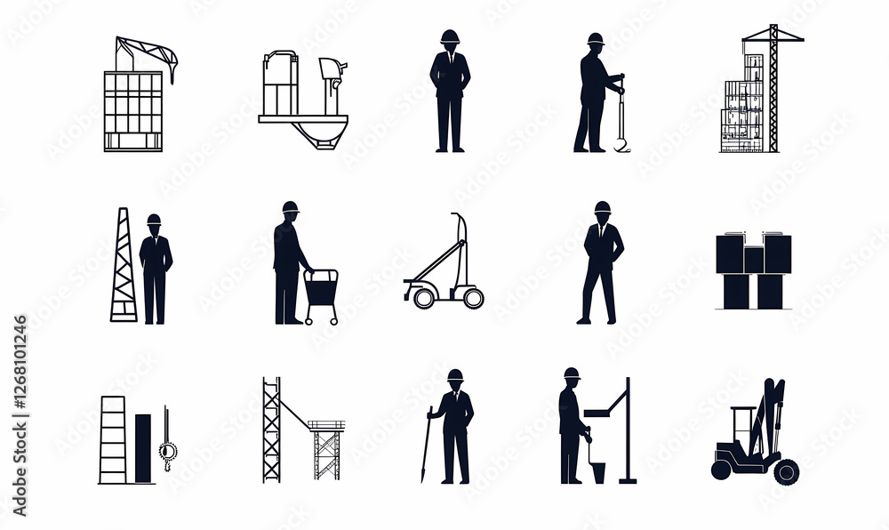 Poster construction worker icon set: a comprehensive collection of monochrome icons depicting various const