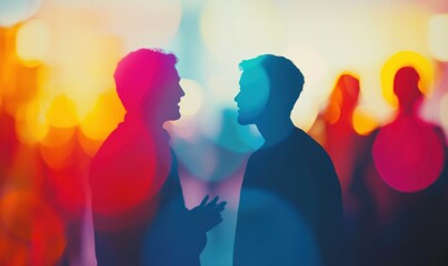 Abstract colorful silhouettes of people in conversation, soft blurred background adding depth, bright and vibrant tones blending smoothly