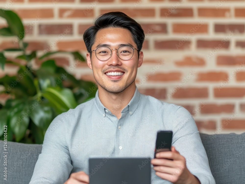 Aufkleber man smiling while using technology at home