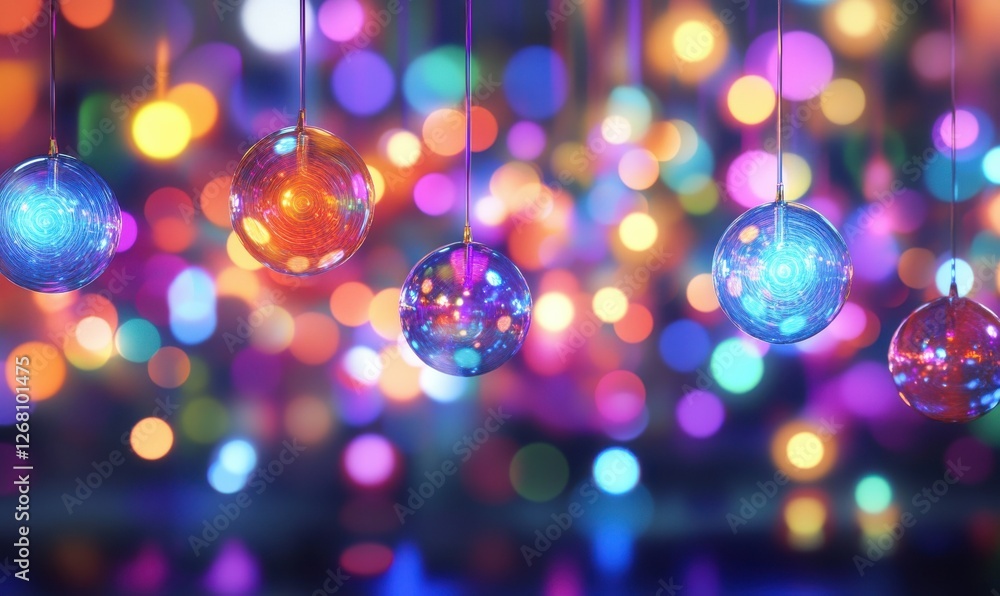 Poster abstract composition of colorful glowing orbs floating mid-air, soft neon lights creating depth, fut