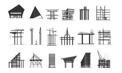 Construction Structures Collection: A comprehensive set of vector illustrations showcasing various types of construction structures, from simple scaffolding to complex high-rise buildings.