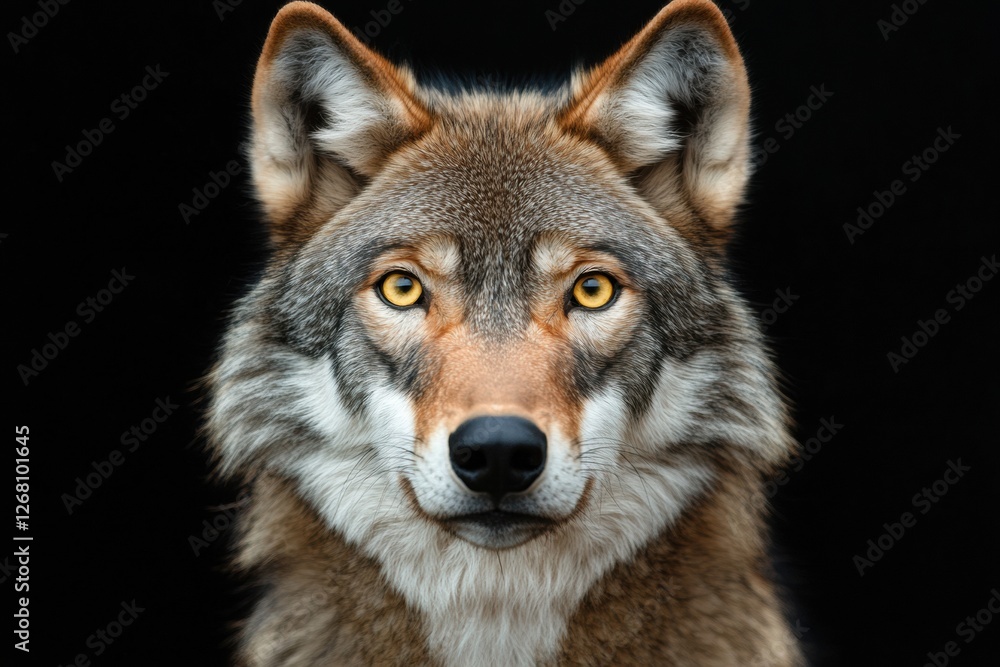 Poster close up of a wolf with piercing yellow eyes against a dark background displaying its powerful prese