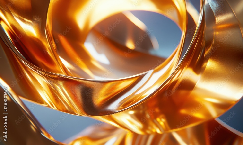 Poster abstract composition of swirling metallic ribbons, soft glowing reflections adding depth, futuristic