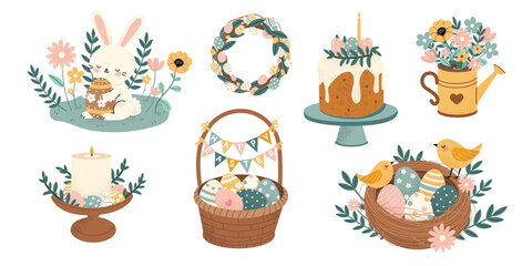 Easter vector set with cute bunny, wreath, cake, basket with eggs, birds, flowers. Hand-drawn festive Easter elements collection. Perfect for cards, invitations, packaging, and spring designs.