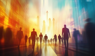 Fototapeta premium Abstract concept of career growth represented by silhouettes of people and arrows pointing upward, soft glowing light emphasizing the progression theme