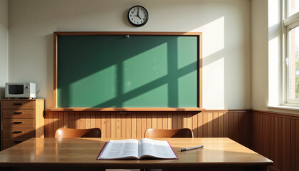Quiet classroom setting with clock and open book, exam preparation