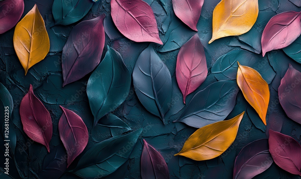 Poster abstract pattern of colorful leaves pressed into a textured background, creating a natural and artis