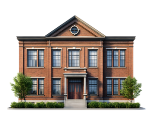 Traditional two-story brick school building with shrubs,