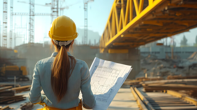 Visionary Architect: A female engineer stands on a construction site, her back to the camera, reviewing blueprints as she surveys a massive bridge under construction.