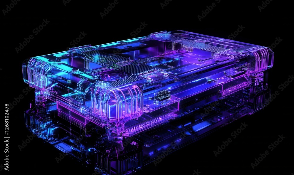 Aufkleber advanced digital processor glowing in soft blue and purple hues, isolated on a reflective surface, i