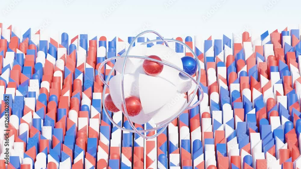Poster abstract 3d render, minimalist geometric shapes with fluid animation in blue and red, seamless loop 
