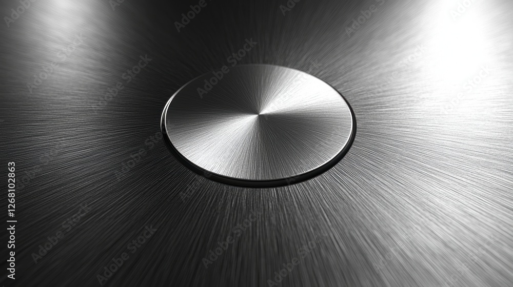 Poster a close-up of a metallic circular surface with brushed texture.