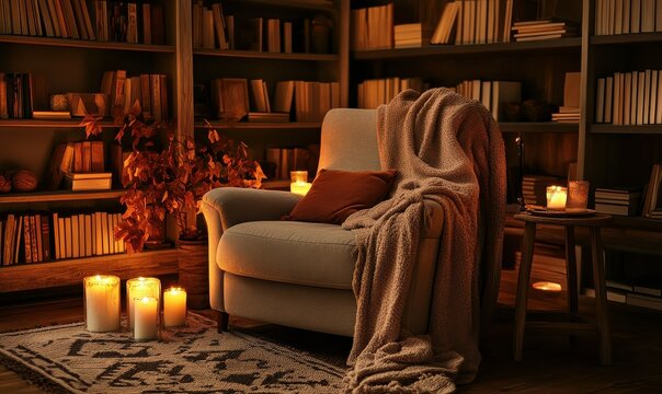 A warm fall reading space with an armchair, blanket, candles, and a bookshelf, representing the essence of home comfort and relaxation.