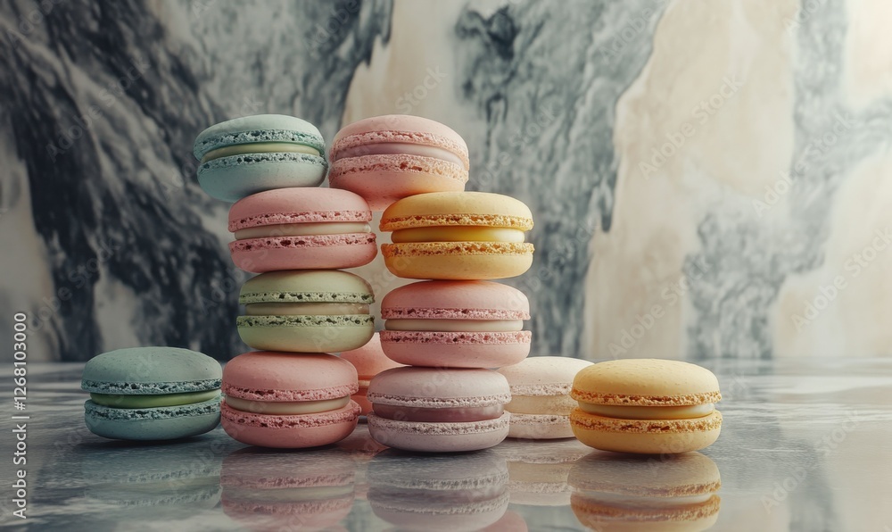 Poster assortment of colorful macarons stacked in a delicate pattern, creating a playful and elegant desser