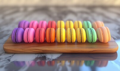Assortment of vibrant macaroons arranged neatly on a wooden platter, pastel colors creating a playful and delightful dessert scene