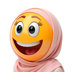 Fototapeta premium An orange smiley face in a pink hijab, showcasing a genuine grin and expressive eyes. The soft fabric hue adds a gentle touch, lending a vibrant, cheerful charm.