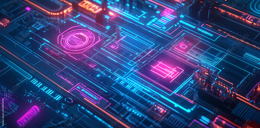 Poster neon circuitry: a mesmerizing abstract view of a futuristic circuit board, illuminated with glowing 