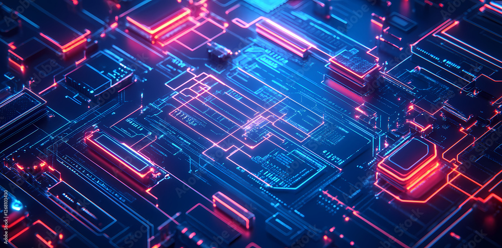Poster abstract circuit board: a mesmerizing close-up of an abstract circuit board, glowing with vibrant ne