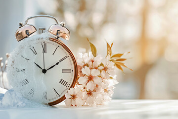 Spring forward. Time change in spring. Daylight saving time. Vintage alarm clock with melted snow, and tiny spring flowers. Clock turn forward one hour in spring