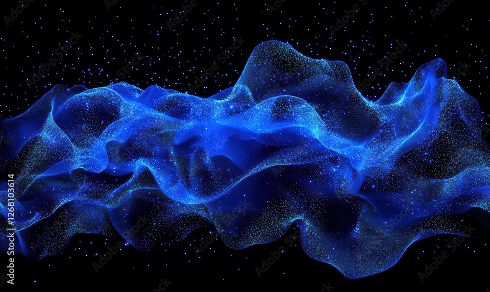 Poster abstract dark blue digital background with sparkling blue light particles and areas with deep depths