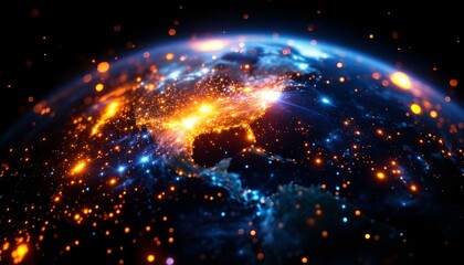 Una tierra resplandeciente con luces naranjas y azules sobre un fondo negro