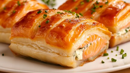 Golden-brown puff pastry parcels filled with creamy cheese and salmon, garnished with fresh herbs. A delicious appetizer!
