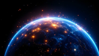 Una tierra resplandeciente con luces naranjas y azules sobre un fondo negro