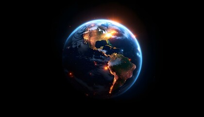 Una tierra resplandeciente con luces naranjas y azules sobre un fondo negro