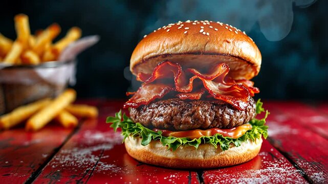 A delicious hamburger with cheese, lettuce, and tomato on a wooden table with a black background, showcasing a fast food meal with a sesame seed bun and grilled beef patty