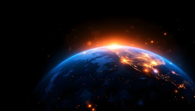 Una tierra resplandeciente con luces naranjas y azules sobre un fondo negro