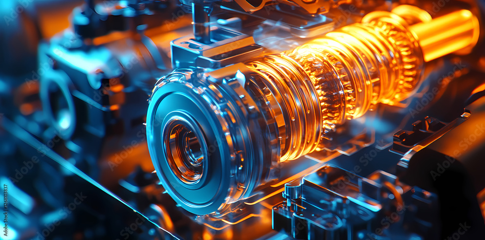 Aufkleber engine power: close-up view of a powerful engine's intricate mechanism, gleaming with metallic surfa