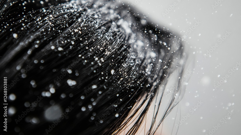 Poster close up view of dandruff flakes on dark hair strands showing texture and condition of scalp during 