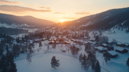 Winter Village Sunset Scenic Mountain View