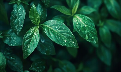 Close-up of fresh green basil leaves with water droplets, bright natural tones, soft lighting, healthy food concept, refreshing vibe