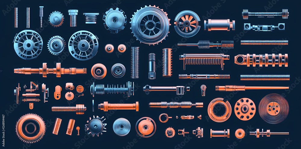 Aufkleber mechanical parts collection: a comprehensive flat lay showcasing a diverse array of metallic mechani