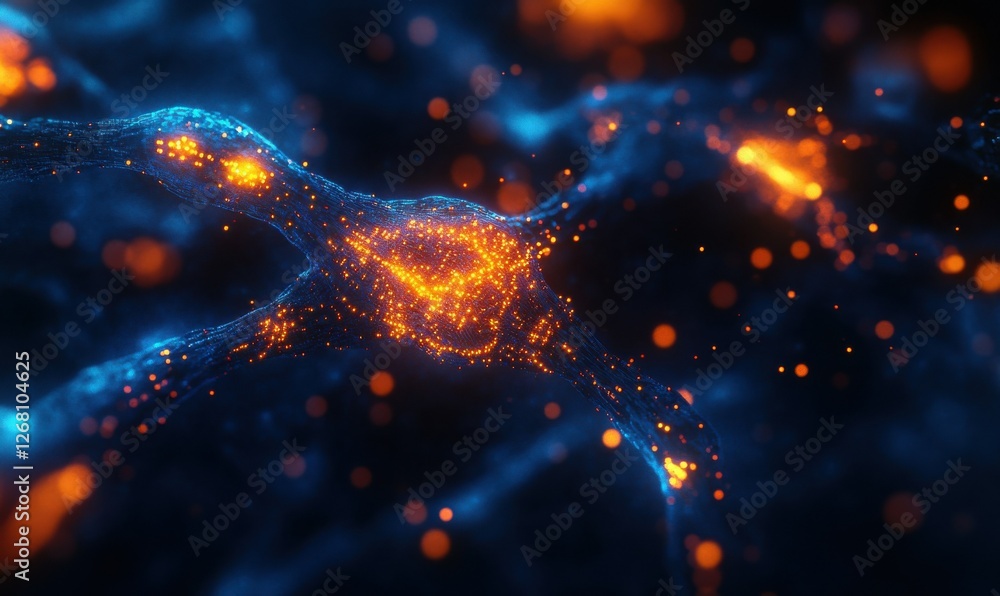Poster abstract digital visualization of glowing circuits forming a high-tech neural network, vibrant blue 