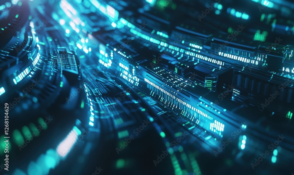 Poster abstract digital representation of interconnected glowing data nodes, futuristic theme with bright b