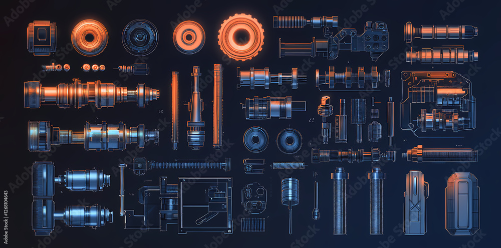 Poster industrial component collection: a meticulously arranged flat lay showcasing a diverse array of indu