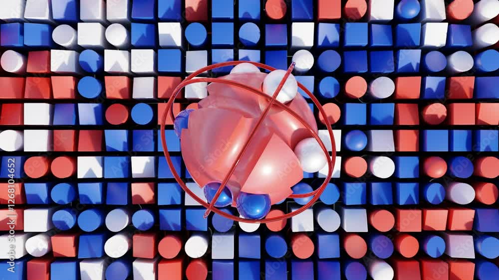 Poster abstract 3d animation, modern geometric composition in blue and red, seamless loop for motion graphi