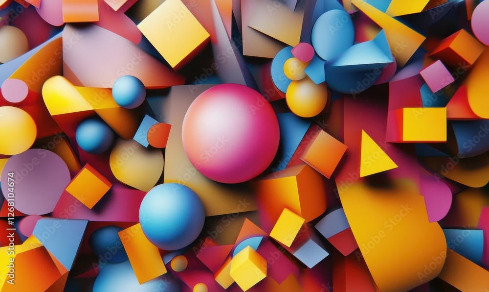 Poster an abstract geometric background, created as a 3d render, consisting of various geometric forms.