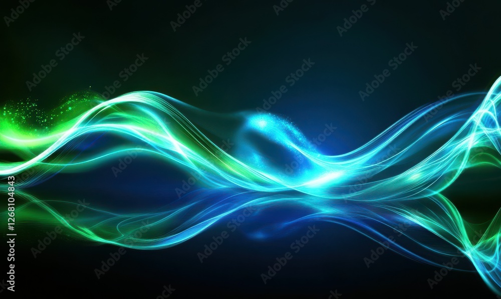 Poster abstract digital waves of glowing neon lines in blue and green tones, soft reflections creating dept